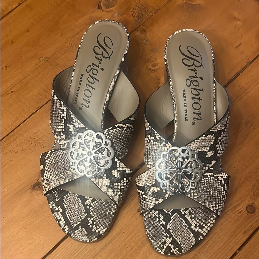 Brighton Women's Snakeskin Slide Sandals - Black and Gray